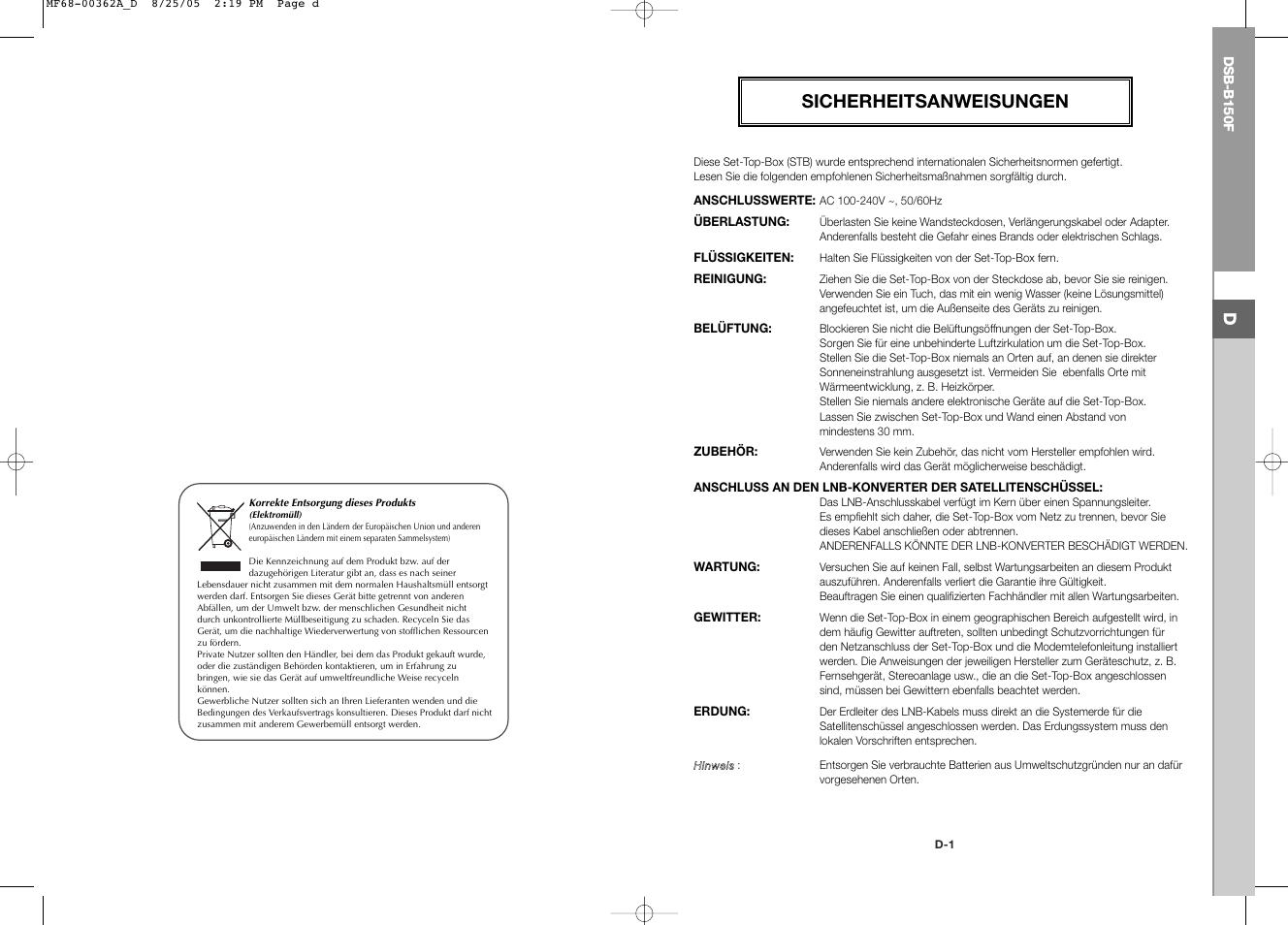 Sicherheitsanweisungen | Samsung DSB-B150F User Manual | Page 4 / 110