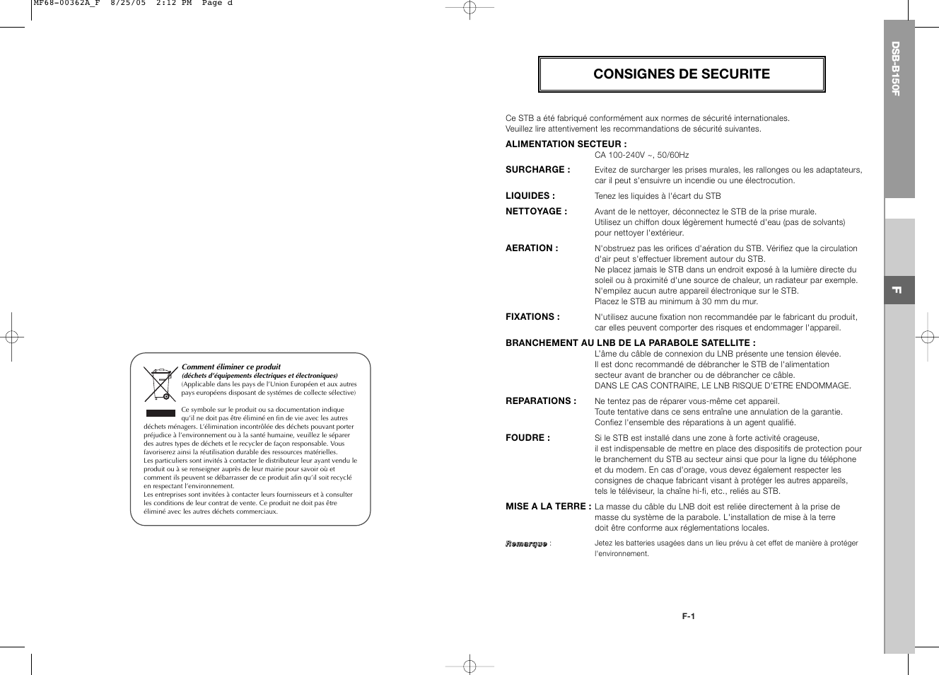 Consignes de securite | Samsung DSB-B150F User Manual | Page 40 / 110