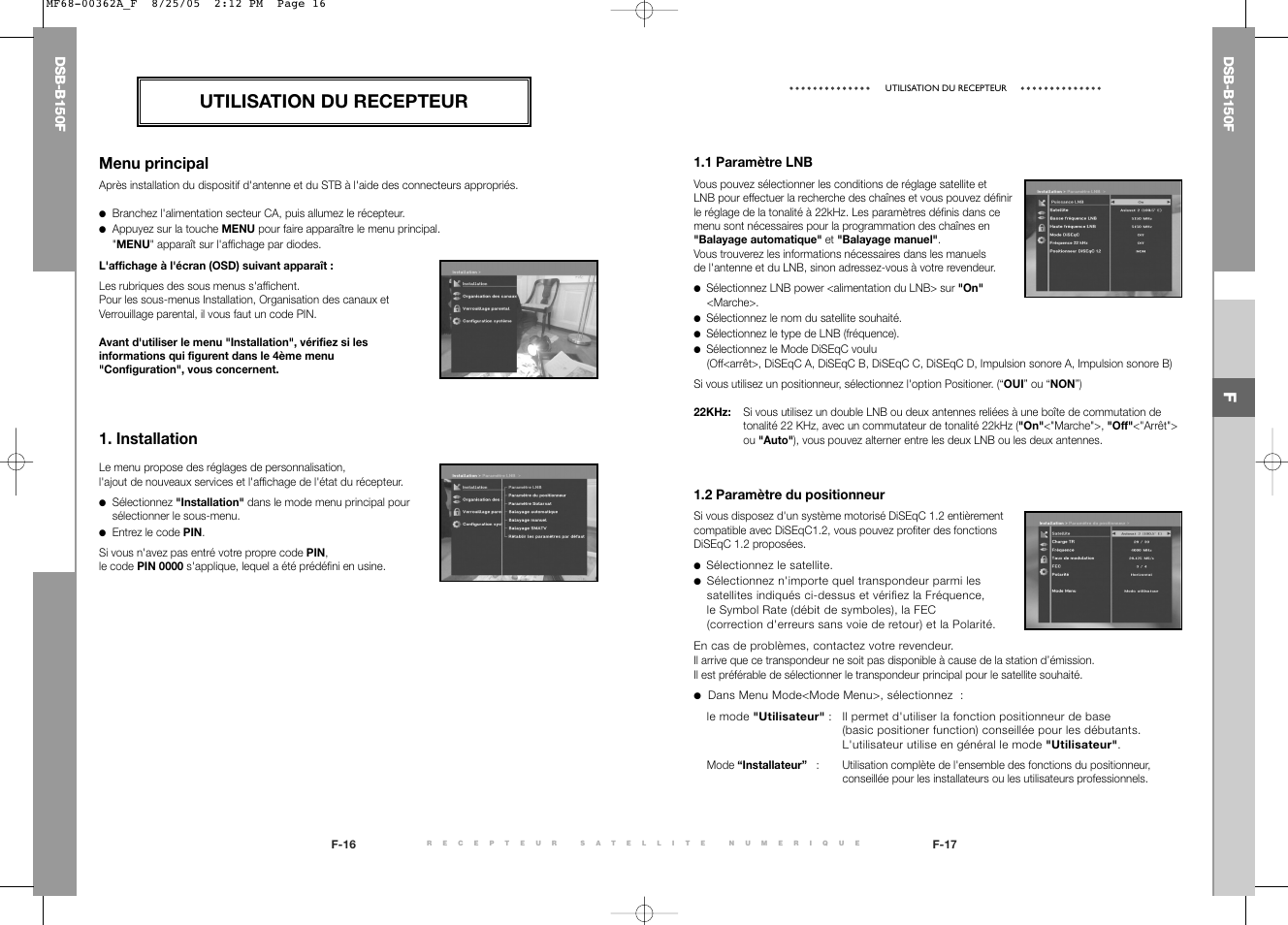 Utilisation du recepteur, Menu principal, Installation | Samsung DSB-B150F User Manual | Page 48 / 110