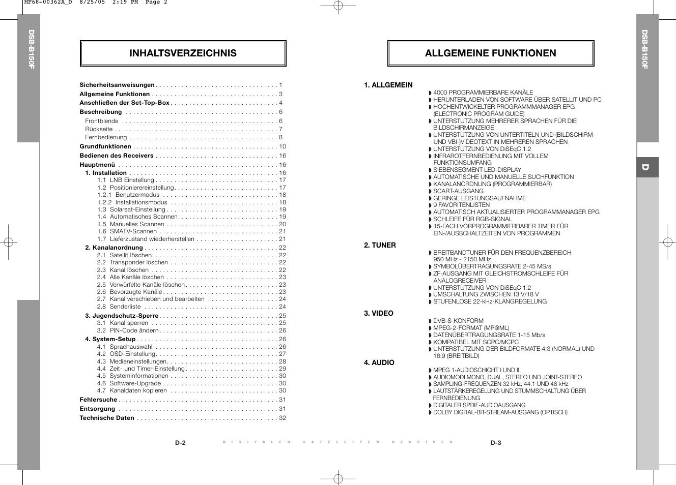 Inhaltsverzeichnis allgemeine funktionen | Samsung DSB-B150F User Manual | Page 5 / 110