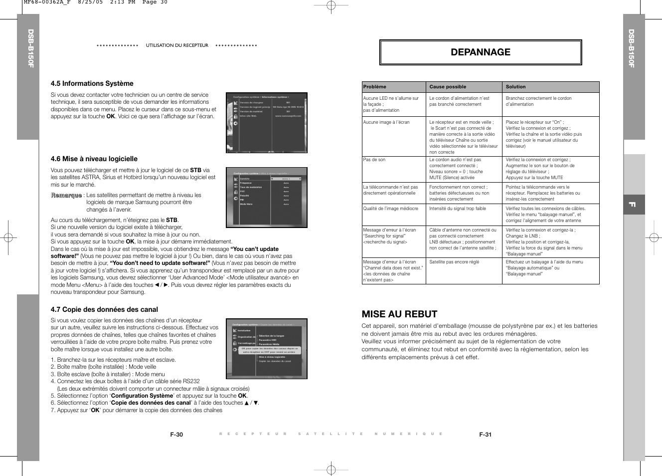 Depannage, Mise au rebut | Samsung DSB-B150F User Manual | Page 55 / 110