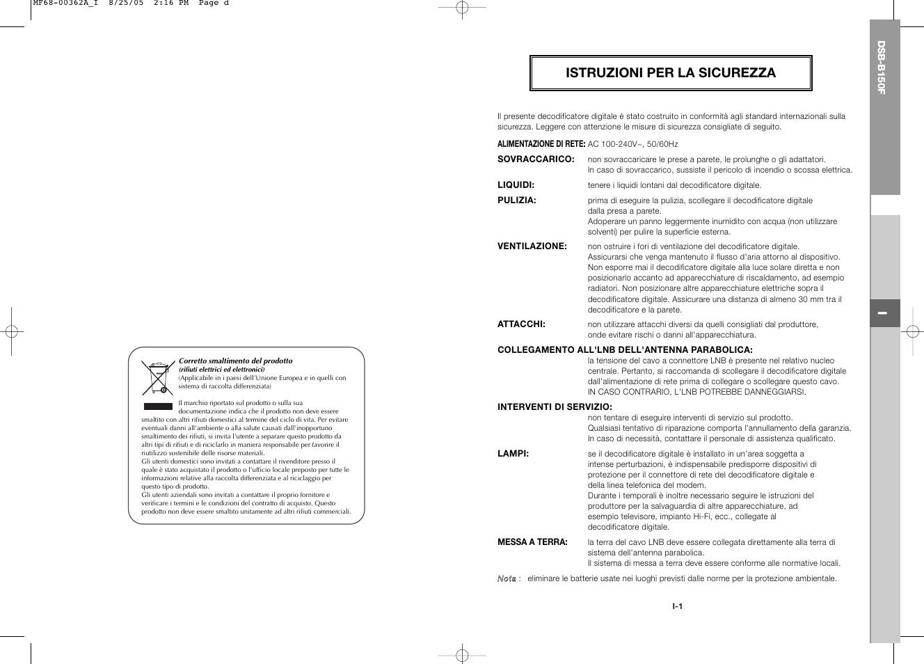 Istruzioni per la sicurezza | Samsung DSB-B150F User Manual | Page 58 / 110
