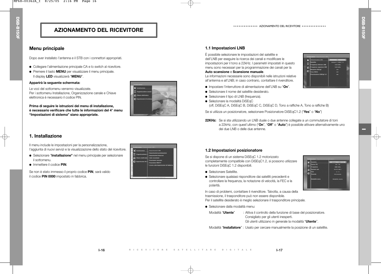 Azionamento del ricevitore, Menu principale, Installazione | Samsung DSB-B150F User Manual | Page 66 / 110