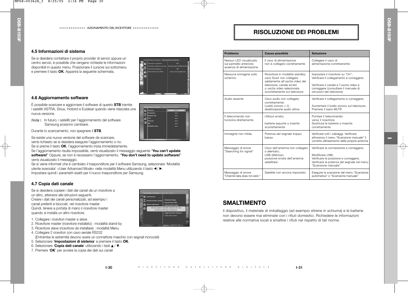 Risoluzione dei problemi, Smaltimento, Dsb-b150f | 5 informazioni di sistema, 6 aggiornamento software, 7 copia dati canale | Samsung DSB-B150F User Manual | Page 73 / 110