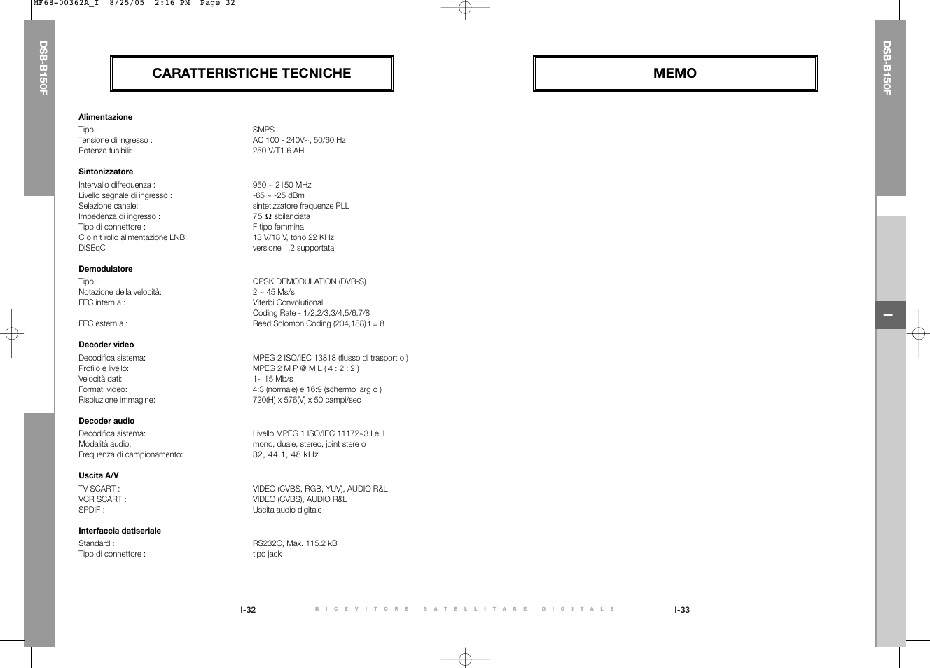 Caratteristiche tecniche | Samsung DSB-B150F User Manual | Page 74 / 110