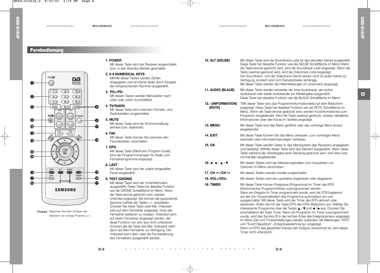 Fernbedienung | Samsung DSB-B150F User Manual | Page 8 / 110