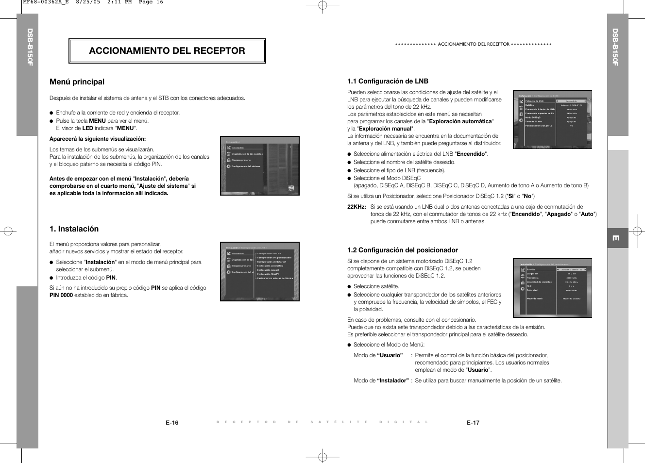 Accionamiento del receptor, Menú principal, Instalación | Samsung DSB-B150F User Manual | Page 84 / 110