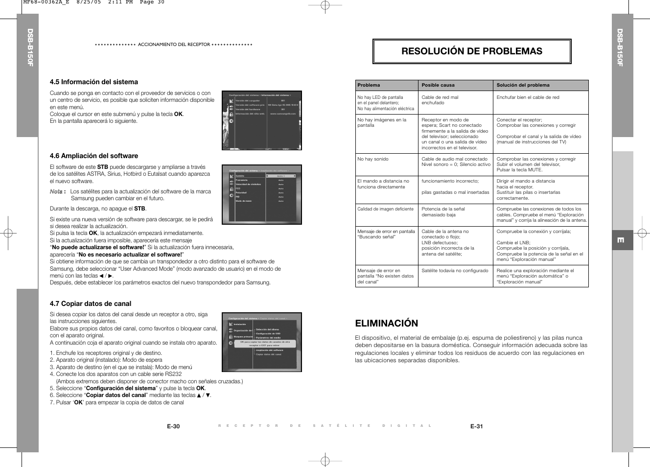 Resolución de problemas, Eliminación, Dsb-b150f | 5 información del sistema, 6 ampliación del software, 7 copiar datos de canal | Samsung DSB-B150F User Manual | Page 91 / 110