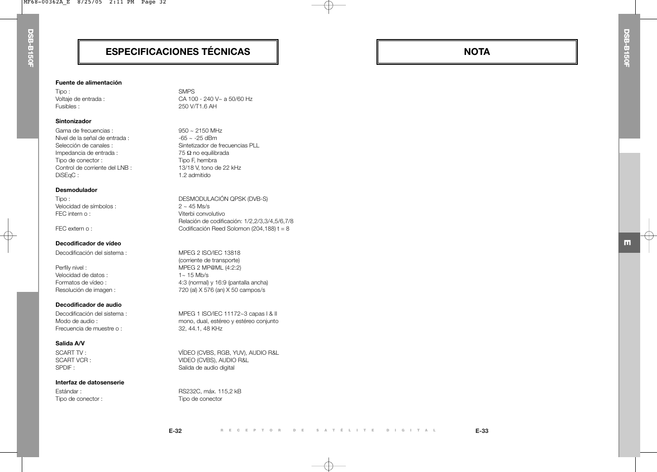 Especificaciones técnicas, Nota | Samsung DSB-B150F User Manual | Page 92 / 110