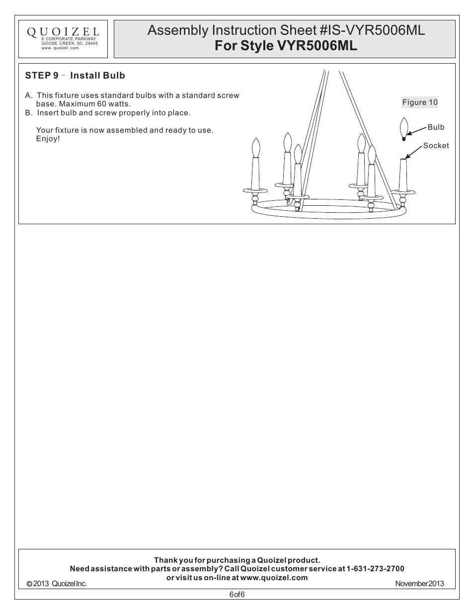 Quoizel VYR5006ML Voyager User Manual | Page 6 / 6