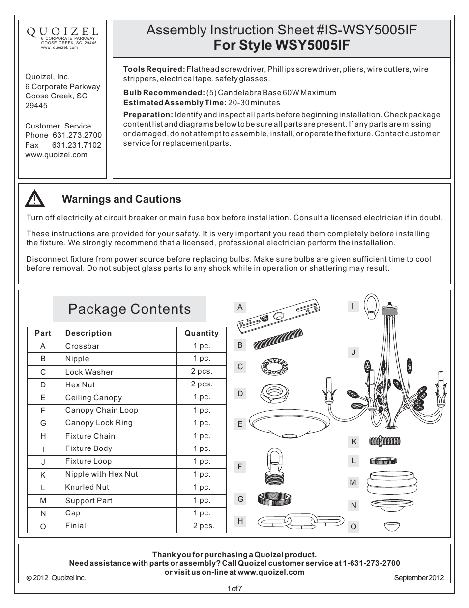 Quoizel WSY5005IF Wesley User Manual | 7 pages