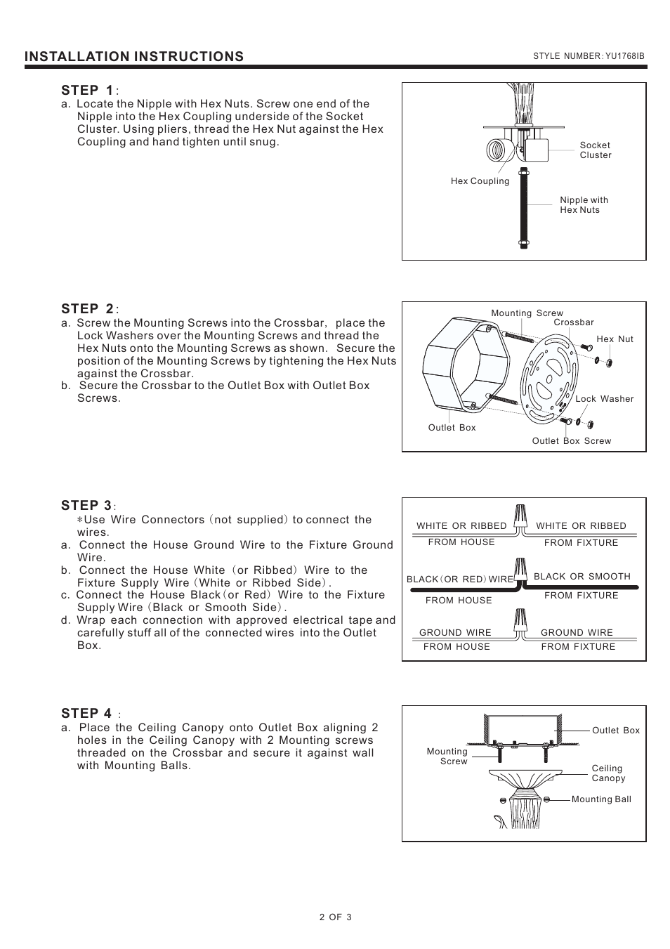 Installation instructions step 1, Step 2, Step 3 | Step 4 | Quoizel YU1768IB Yuma User Manual | Page 2 / 3
