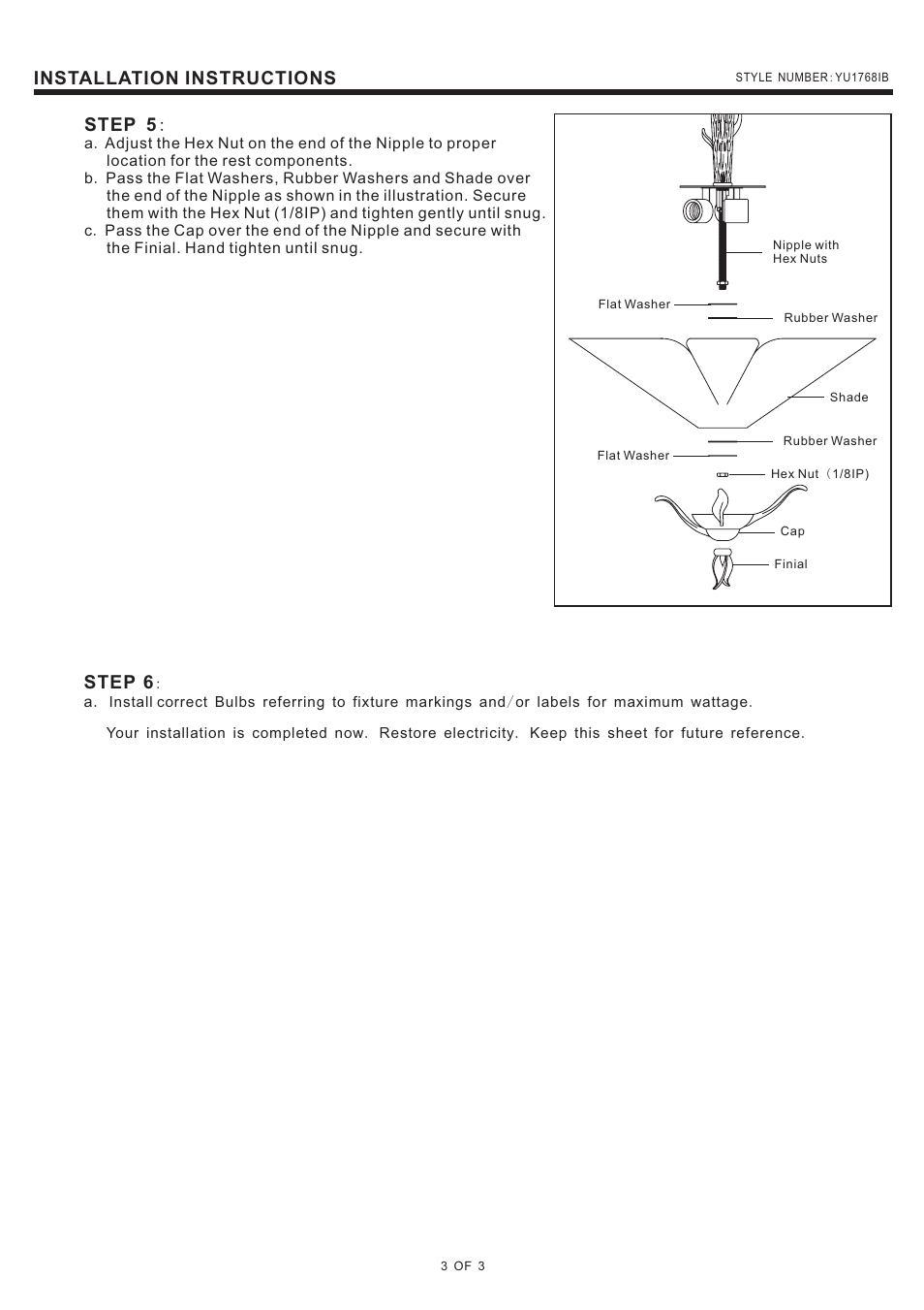 Installation instructions step 5, Step 6 | Quoizel YU1768IB Yuma User Manual | Page 3 / 3