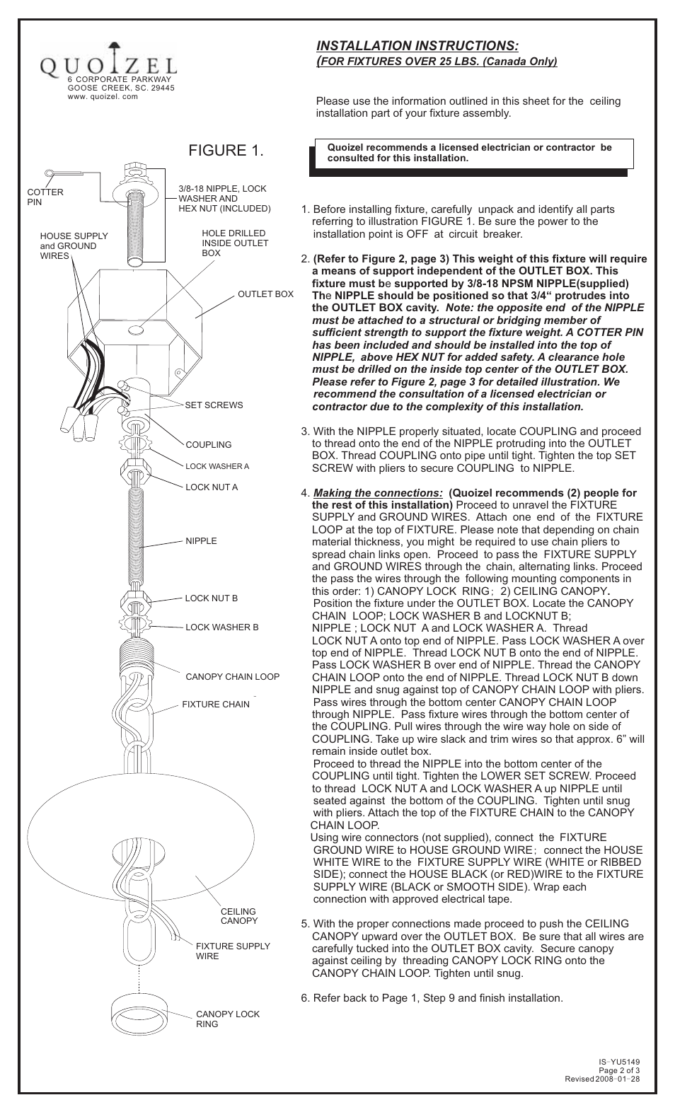 Figure 1, Installation instructions | Quoizel YU5149IB Yuma User Manual | Page 2 / 3