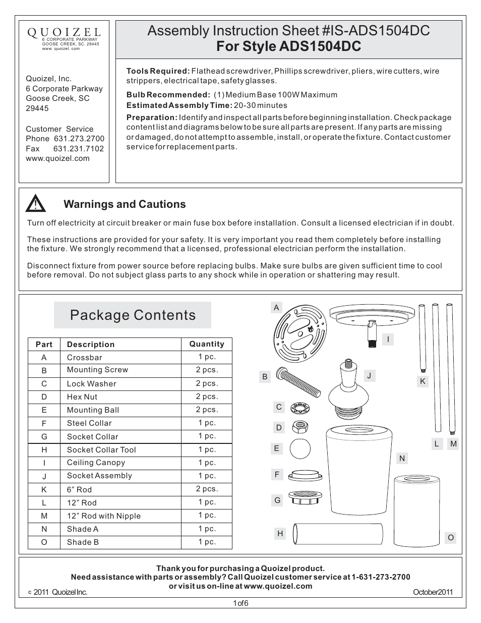 Quoizel ADS1504DC Adonis User Manual | 6 pages