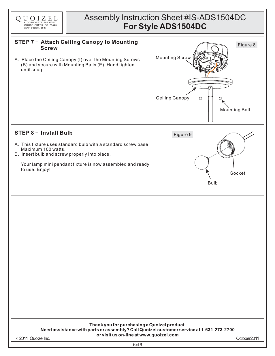 Quoizel ADS1504DC Adonis User Manual | Page 6 / 6