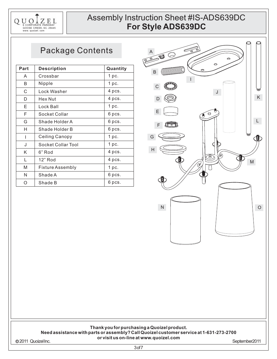 Package contents | Quoizel ADS639DC Adonis User Manual | Page 3 / 7