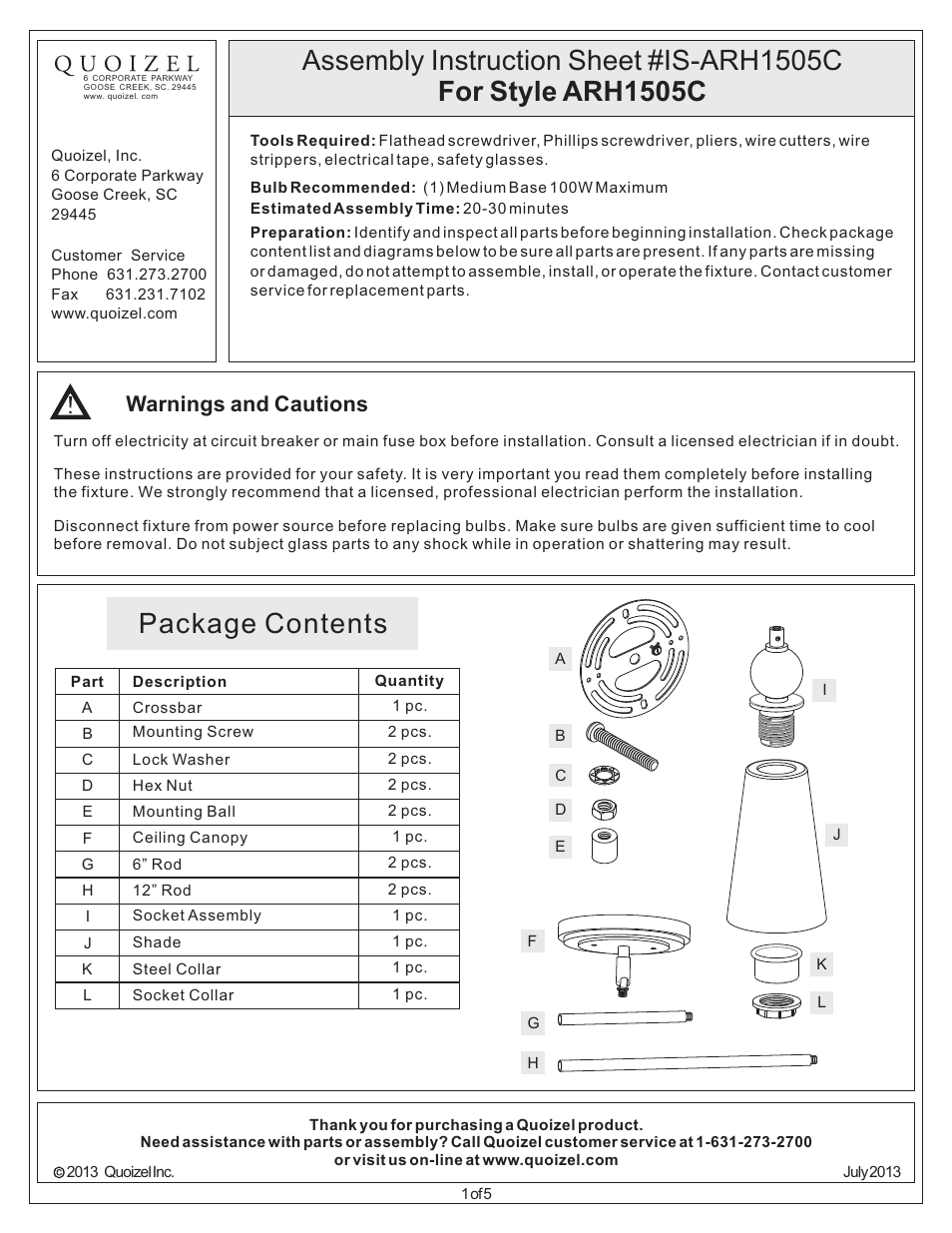 Quoizel ARH1505C Aldrich User Manual | 5 pages