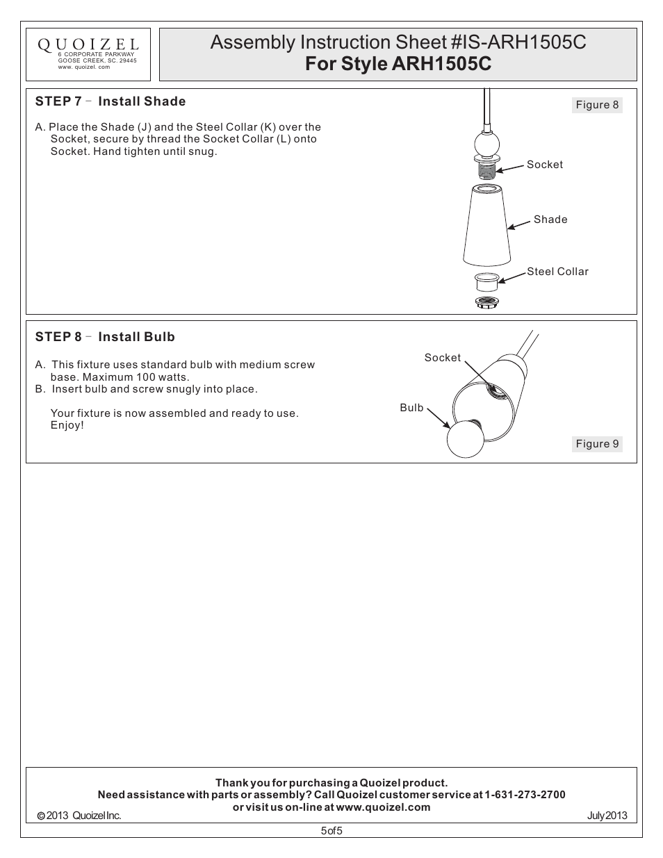 Quoizel ARH1505C Aldrich User Manual | Page 5 / 5