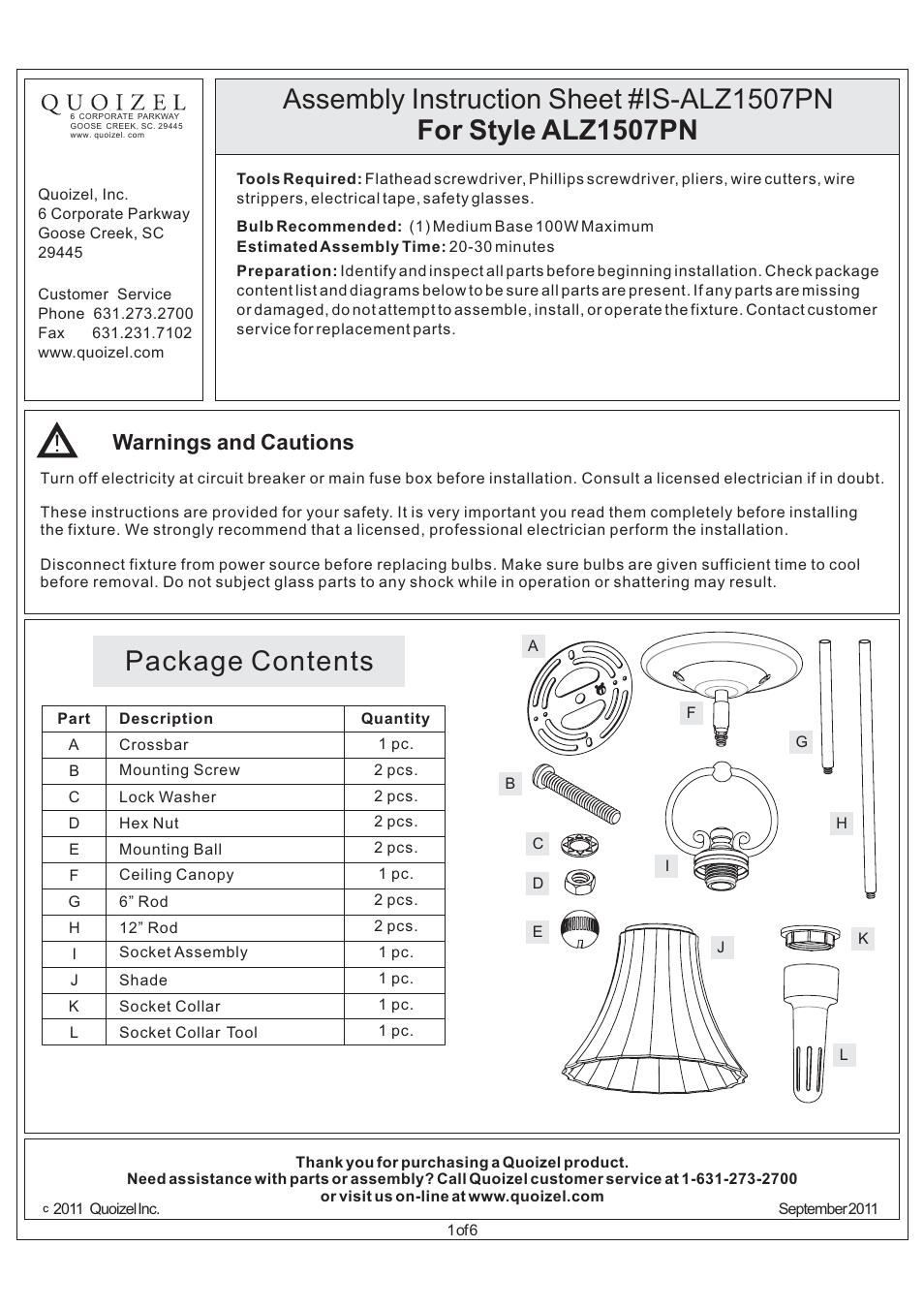 Quoizel ALZ1507PN Aliza User Manual | 6 pages