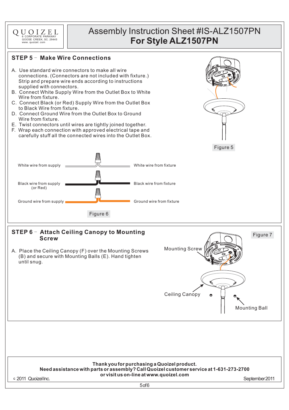 Step 5 make wire connections, Step 6 - attach ceiling canopy to mounting screw | Quoizel ALZ1507PN Aliza User Manual | Page 5 / 6