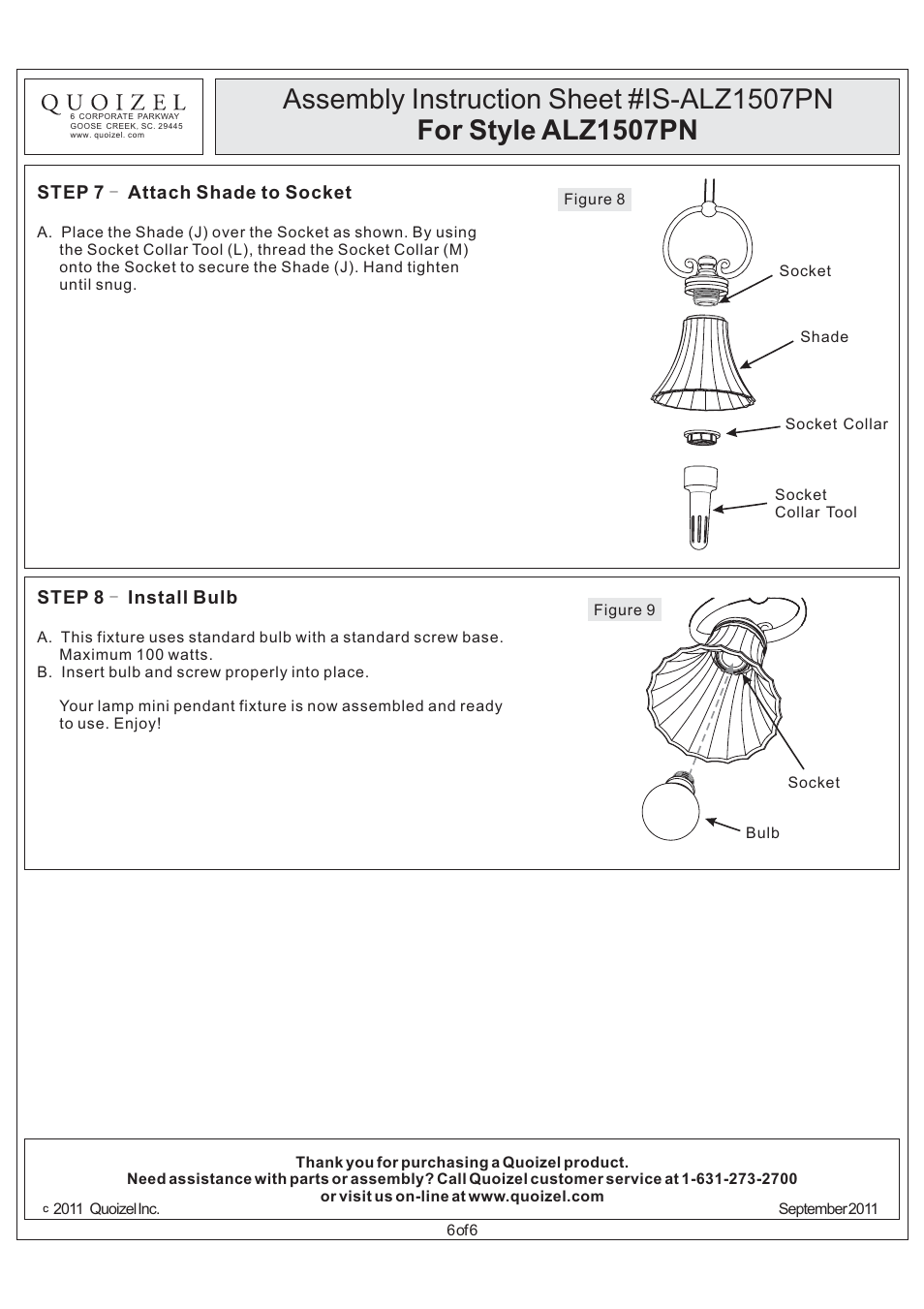 Quoizel ALZ1507PN Aliza User Manual | Page 6 / 6