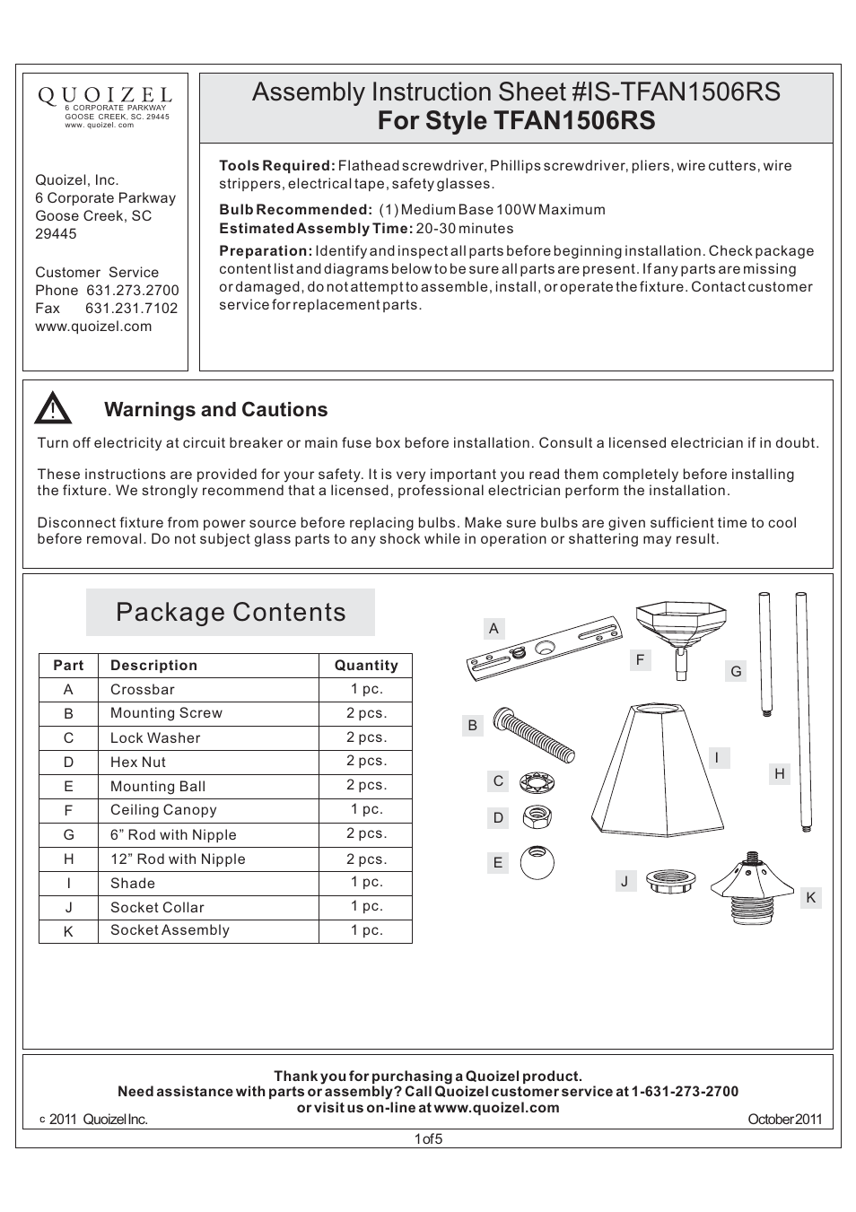 Quoizel TFAN1506RS Arden User Manual | 5 pages