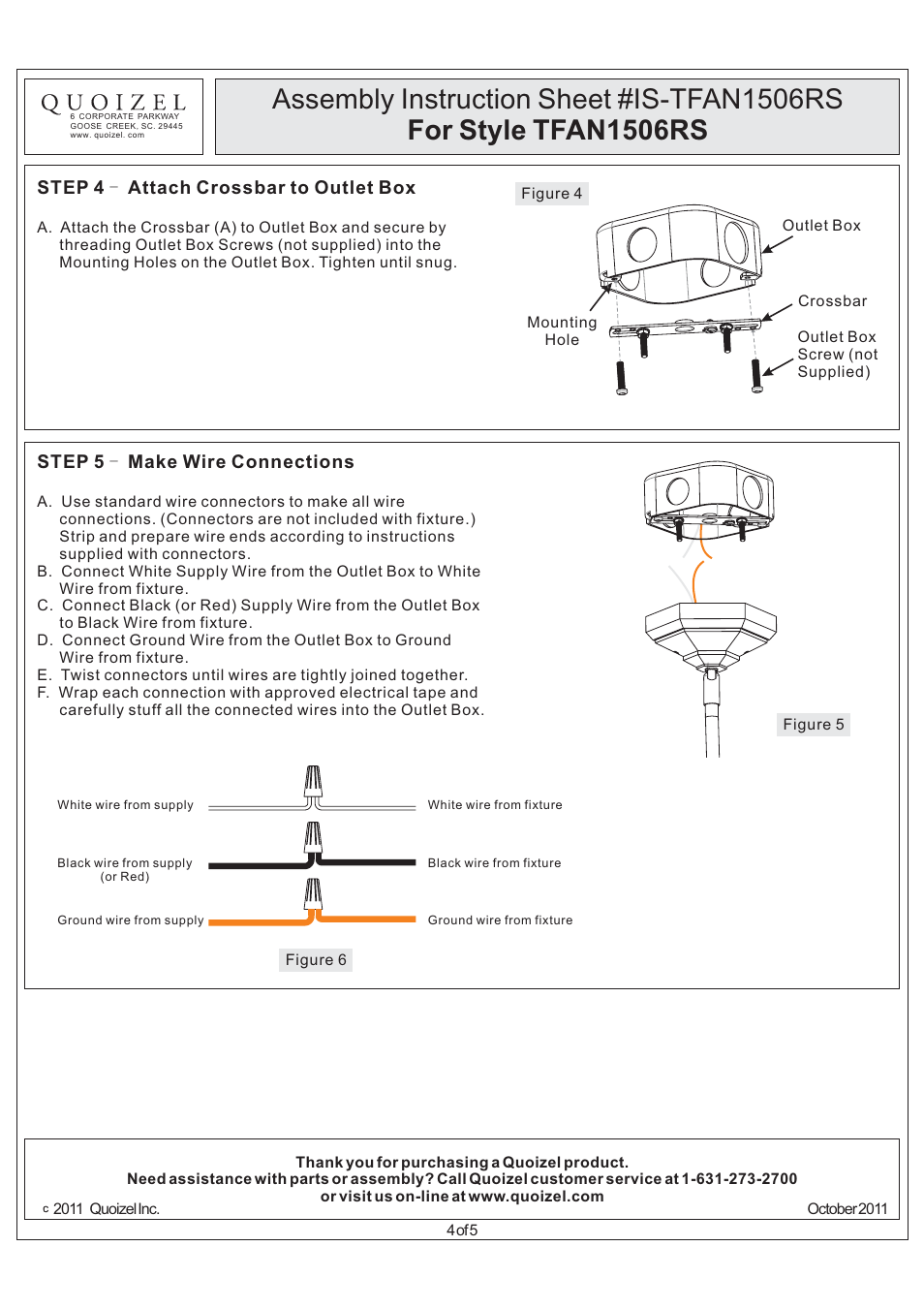 Step 4 attach crossbar to outlet box, Step 5 make wire connections | Quoizel TFAN1506RS Arden User Manual | Page 4 / 5