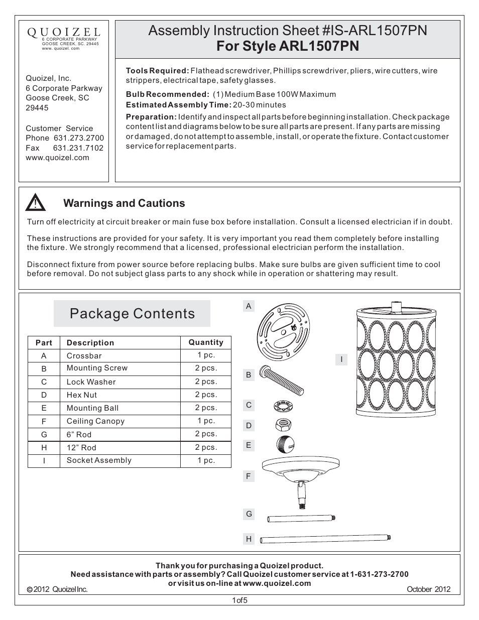 Quoizel ARL1507PN Ariella User Manual | 5 pages