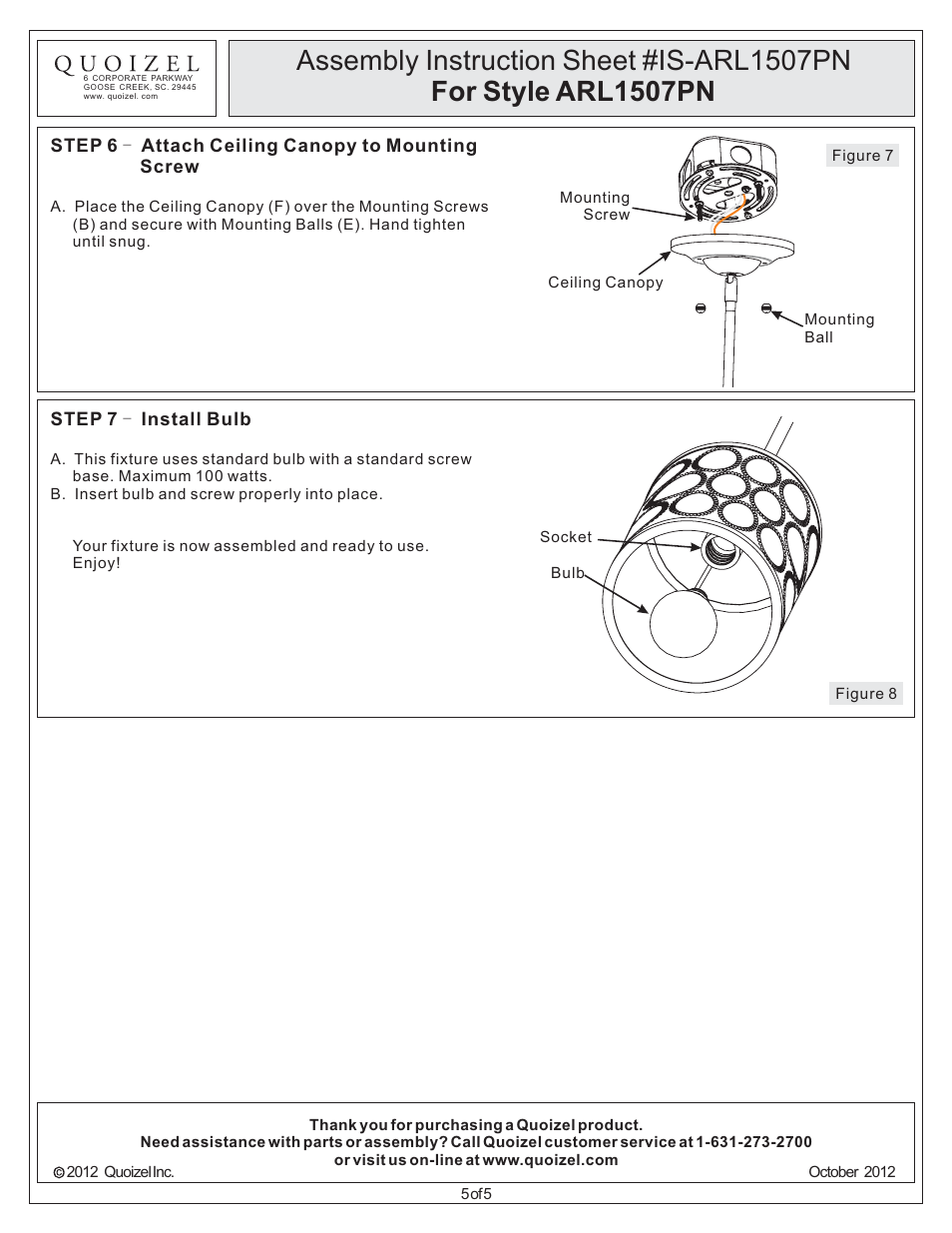 Quoizel ARL1507PN Ariella User Manual | Page 5 / 5