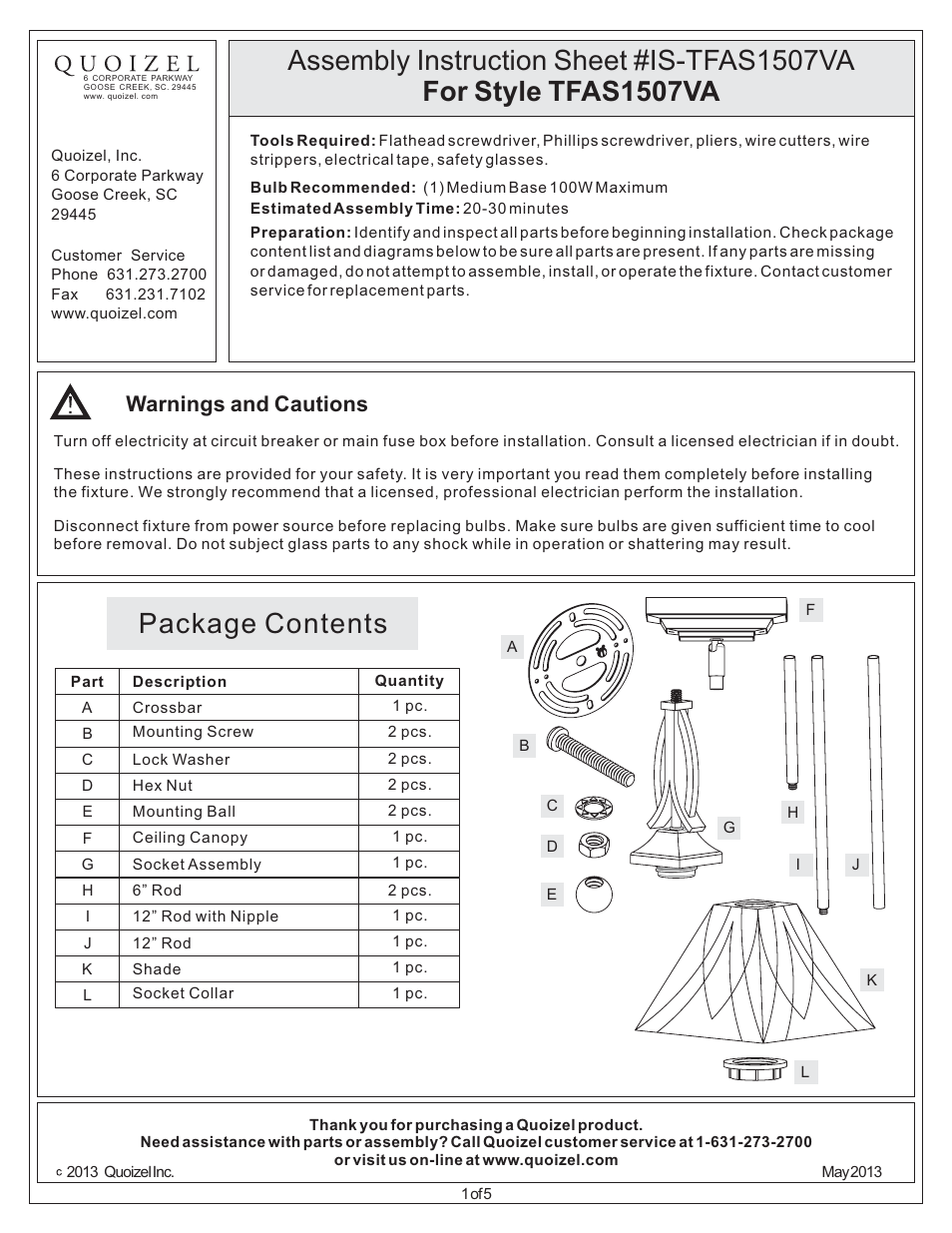 Quoizel TFAS1507VA Asheville User Manual | 5 pages