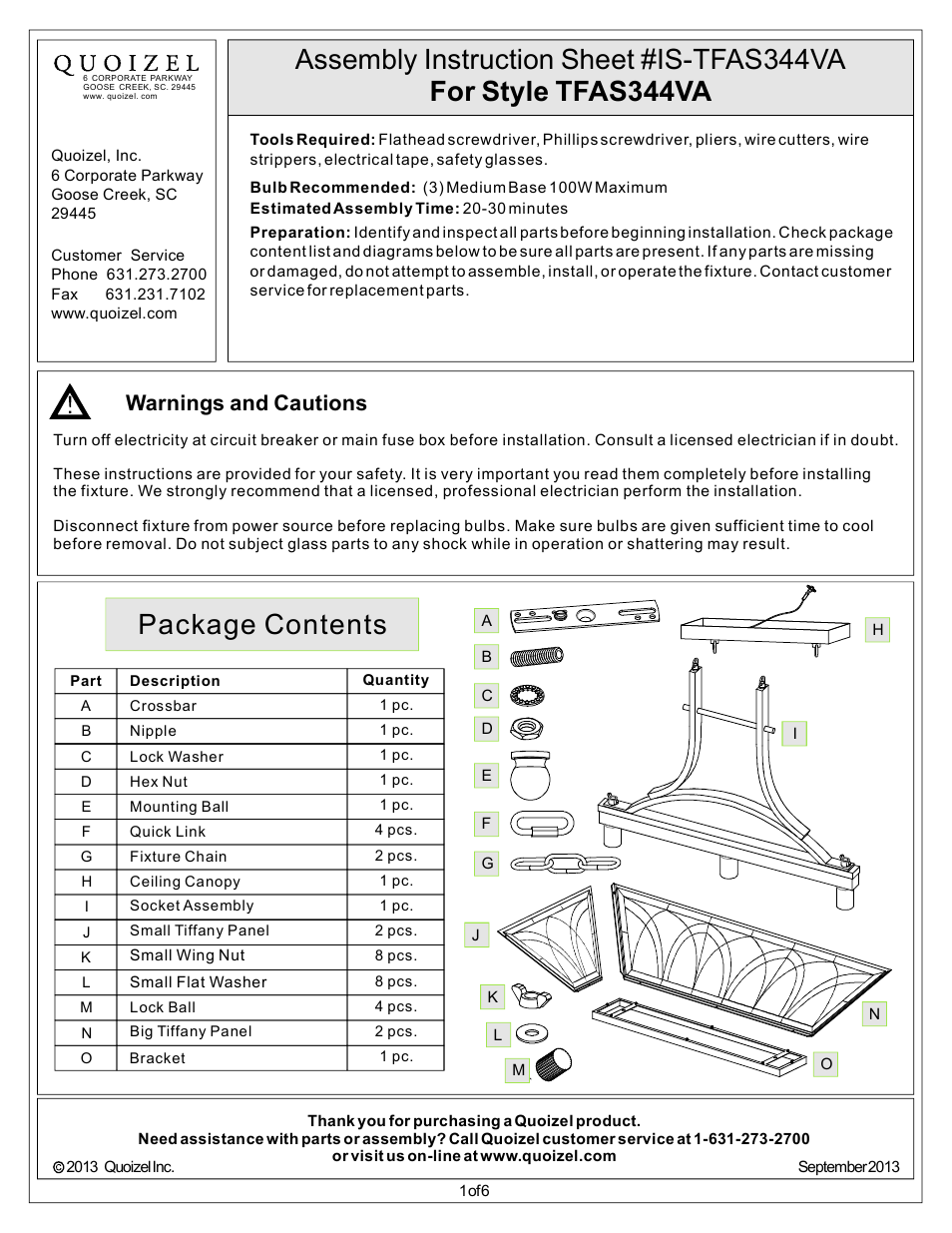 Quoizel TFAS344VA Asheville User Manual | 6 pages