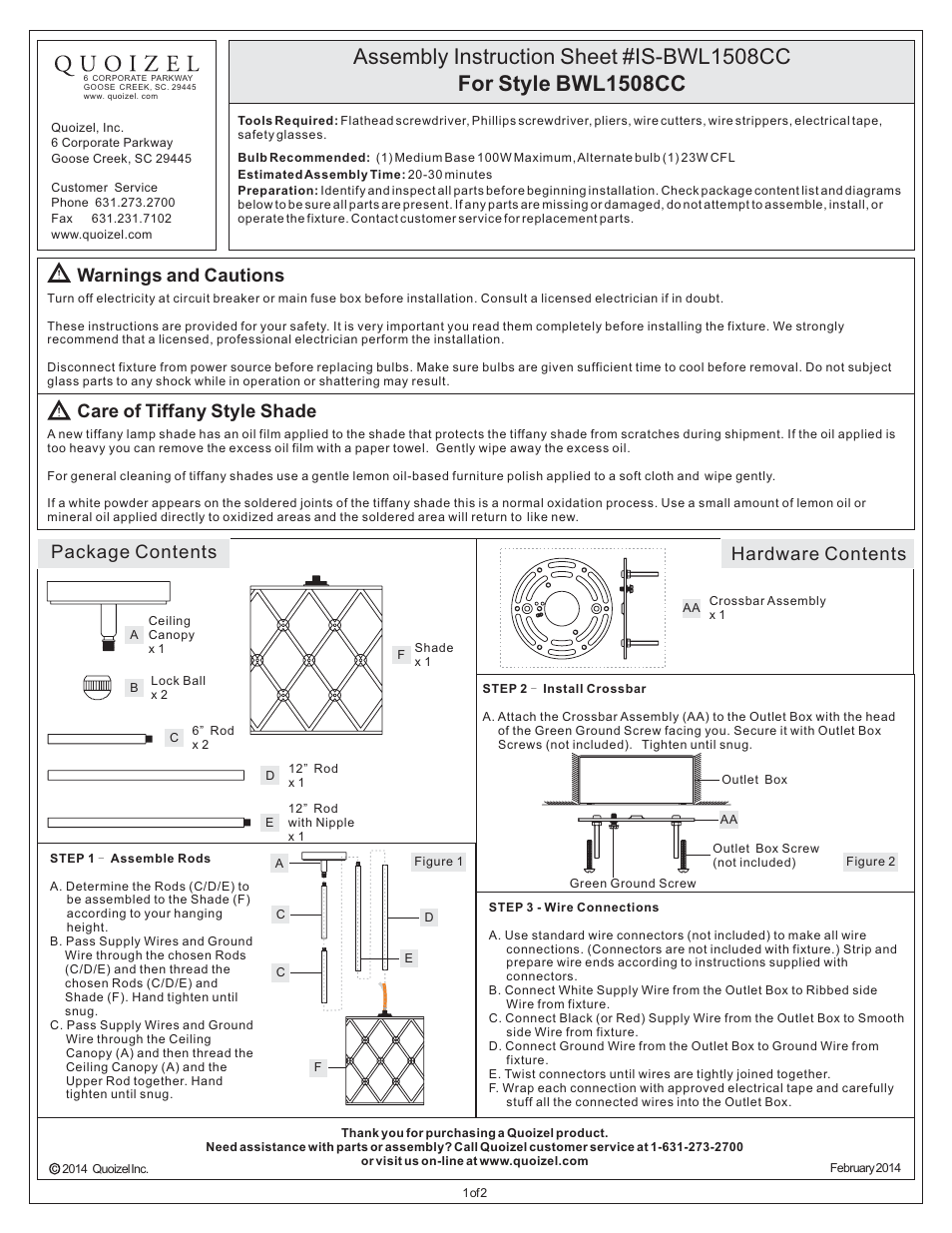 Quoizel BWL1508CC Brown Lattice User Manual | 2 pages