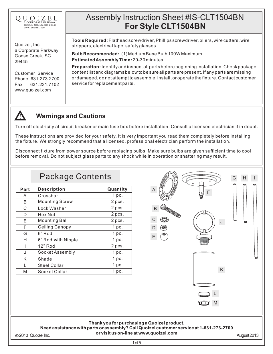 Quoizel CLT1504BN Celestial User Manual | 5 pages