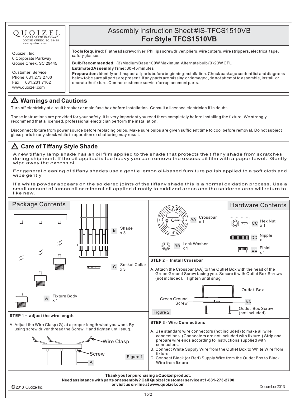 Quoizel TFCS1510VB Chastain User Manual | 2 pages