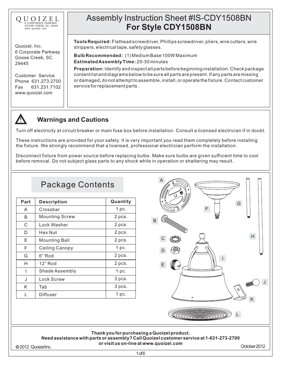 Quoizel CDY1508BN Cody User Manual | 6 pages