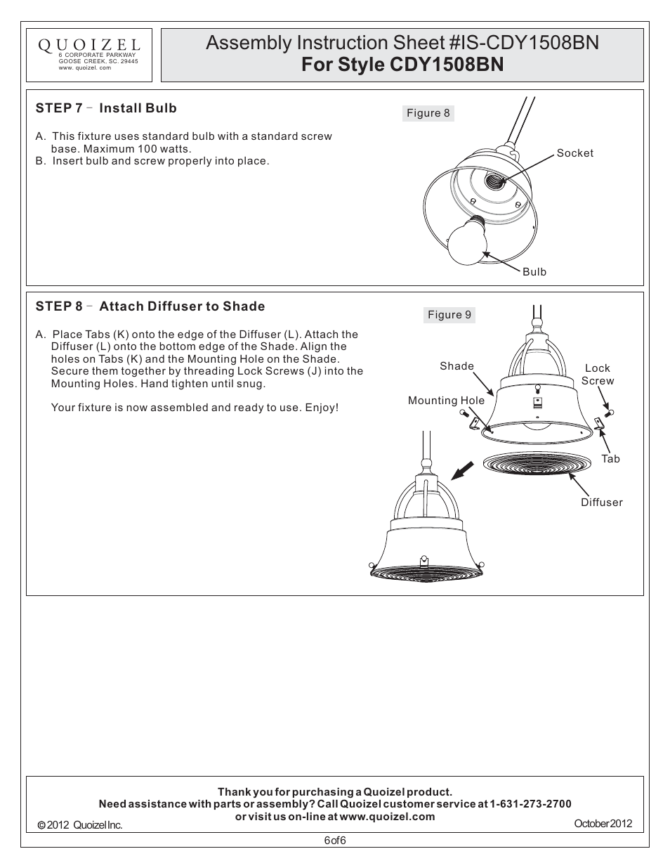 Quoizel CDY1508BN Cody User Manual | Page 6 / 6