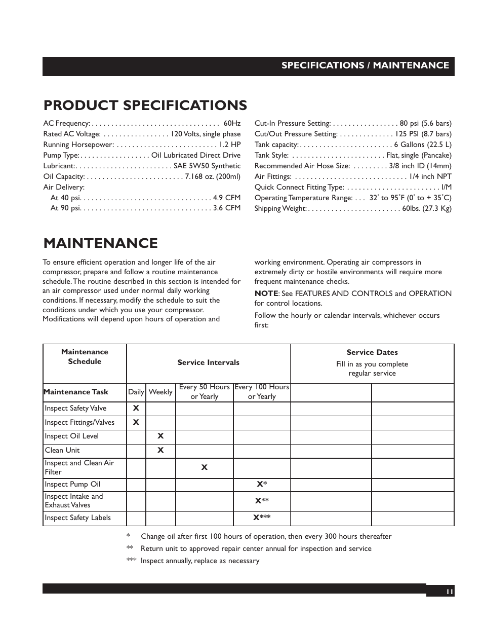 Product specifications maintenance | Briggs & Stratton 074000 User Manual | Page 11 / 56
