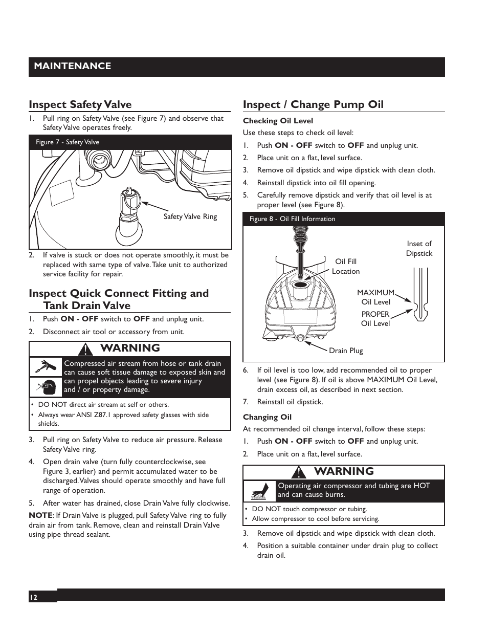 Inspect safety valve, Inspect quick connect fitting and tank drain valve, Inspect / change pump oil | Warning | Briggs & Stratton 074000 User Manual | Page 12 / 56