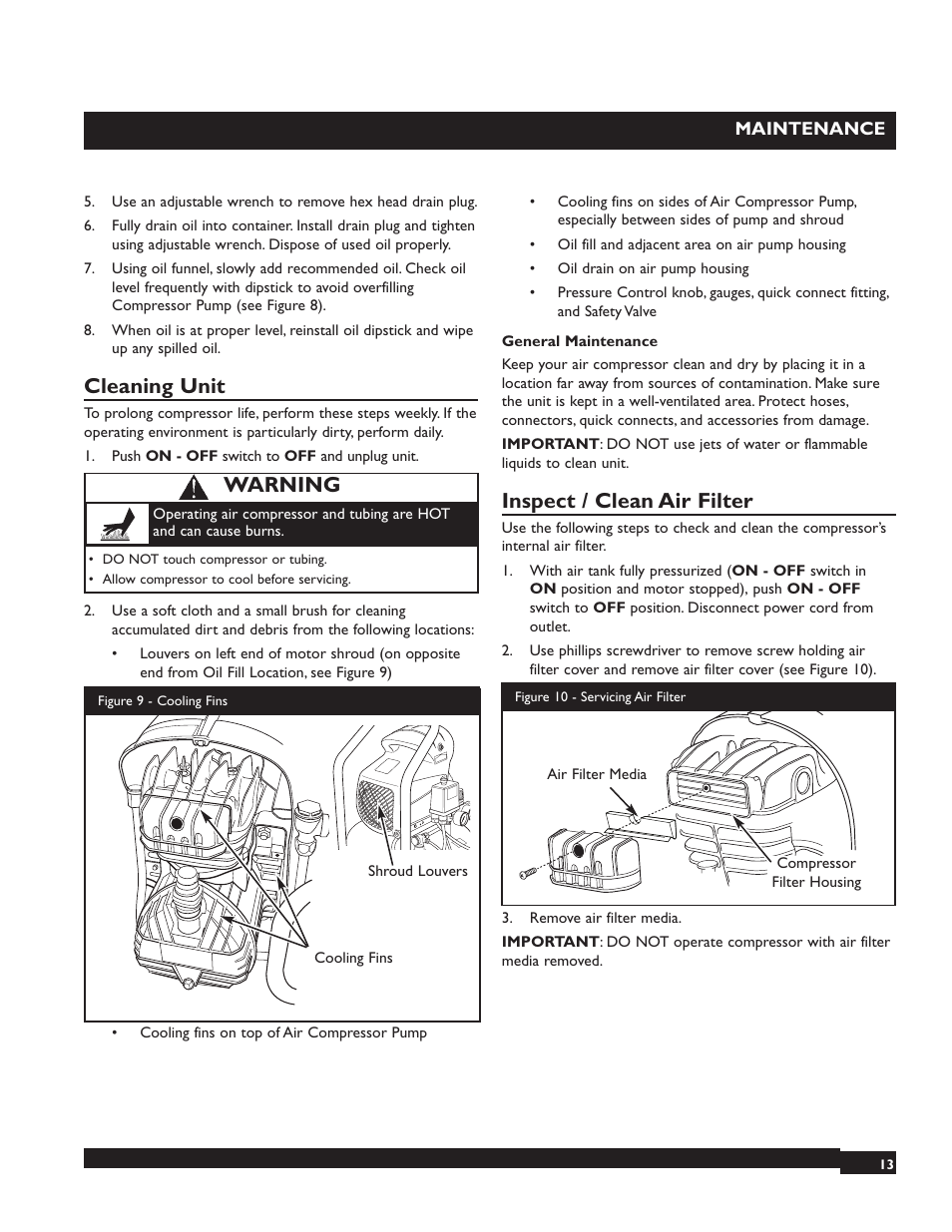 Cleaning unit, Inspect / clean air filter, Warning | Briggs & Stratton 074000 User Manual | Page 13 / 56