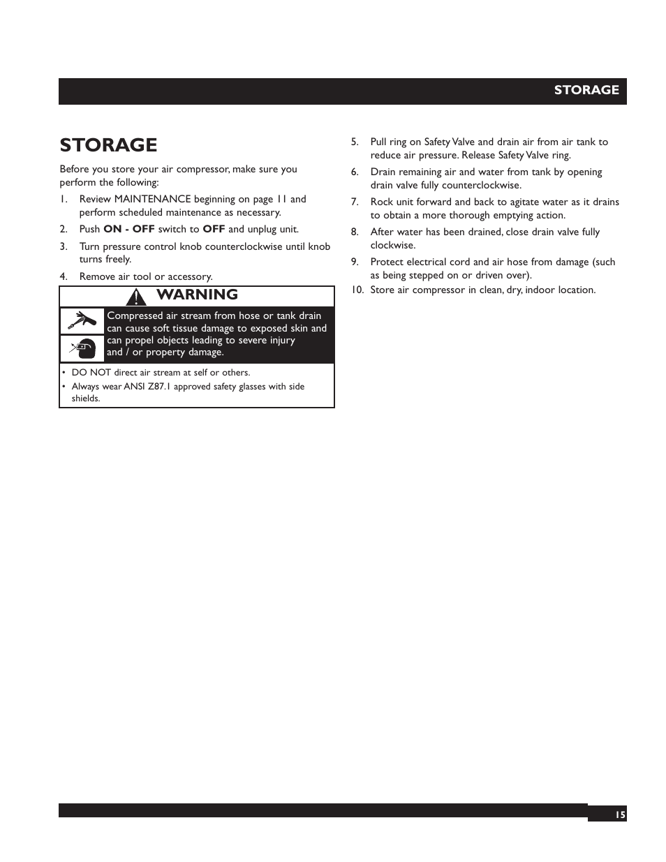 Storage, Warning | Briggs & Stratton 074000 User Manual | Page 15 / 56