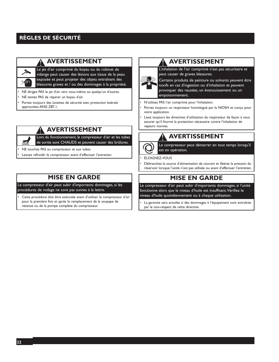 Mise en garde, Avertissement, Règles de sécurité | Briggs & Stratton 074000 User Manual | Page 22 / 56