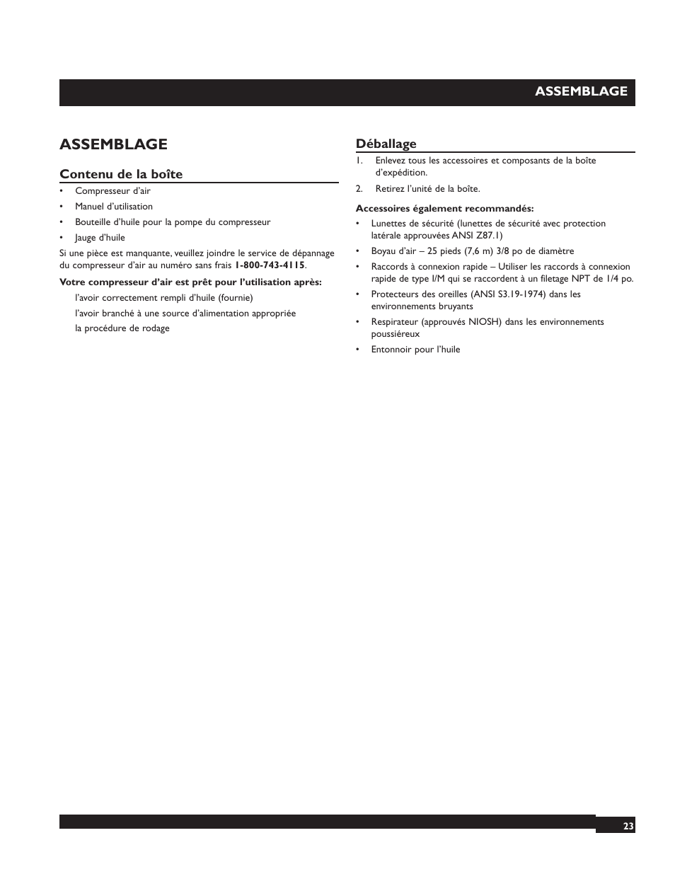 Assemblage, Contenu de la boîte, Déballage | Briggs & Stratton 074000 User Manual | Page 23 / 56