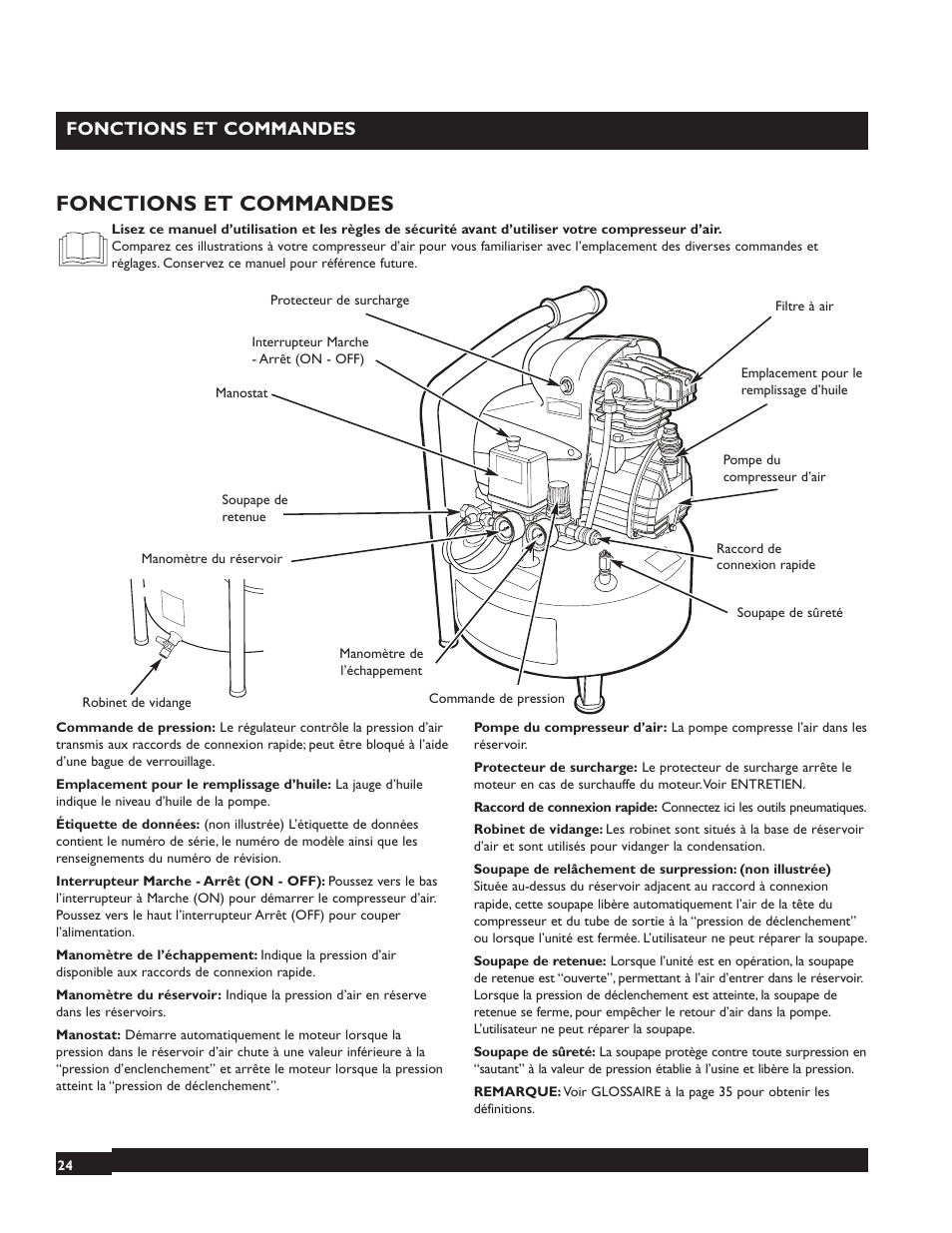 Fonctions et commandes | Briggs & Stratton 074000 User Manual | Page 24 / 56