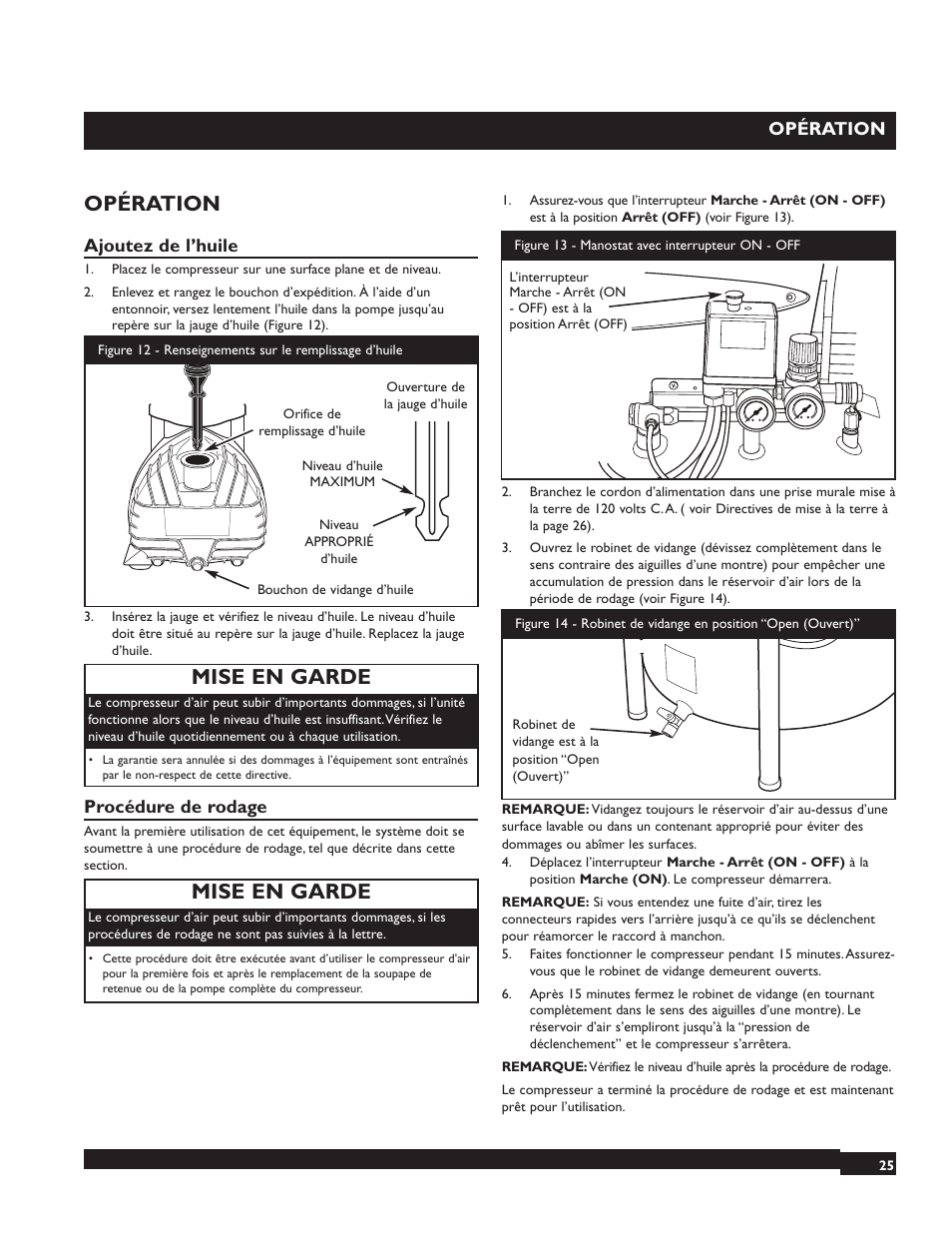Mise en garde, Opération, Ajoutez de l’huile | Procédure de rodage | Briggs & Stratton 074000 User Manual | Page 25 / 56