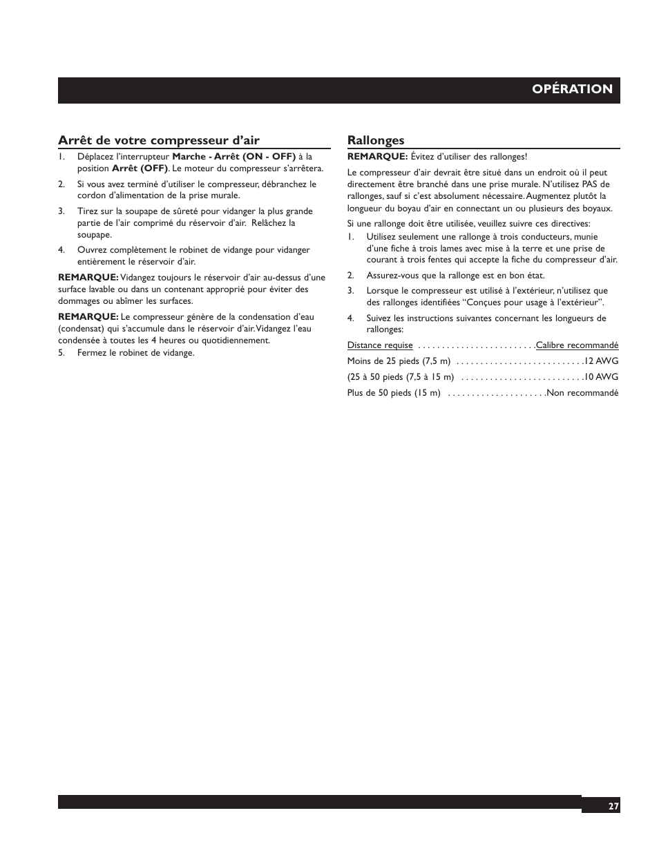 Opération, Arrêt de votre compresseur d’air, Rallonges | Briggs & Stratton 074000 User Manual | Page 27 / 56