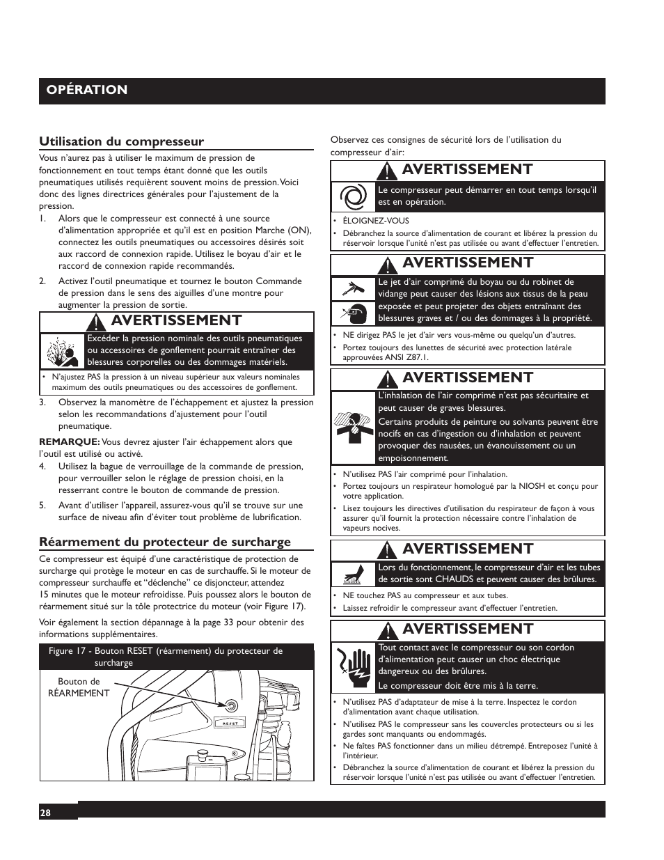 Avertissement, Opération, Utilisation du compresseur | Réarmement du protecteur de surcharge | Briggs & Stratton 074000 User Manual | Page 28 / 56