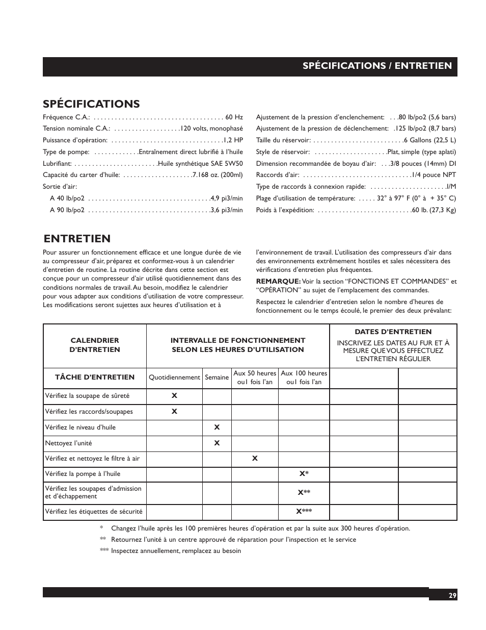Spécifications, Entretien, Spécifications / entretien | Briggs & Stratton 074000 User Manual | Page 29 / 56