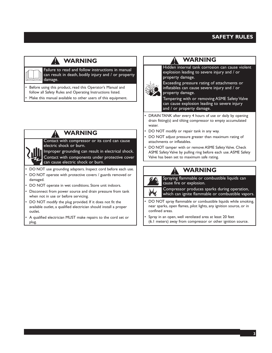 Warning | Briggs & Stratton 074000 User Manual | Page 3 / 56