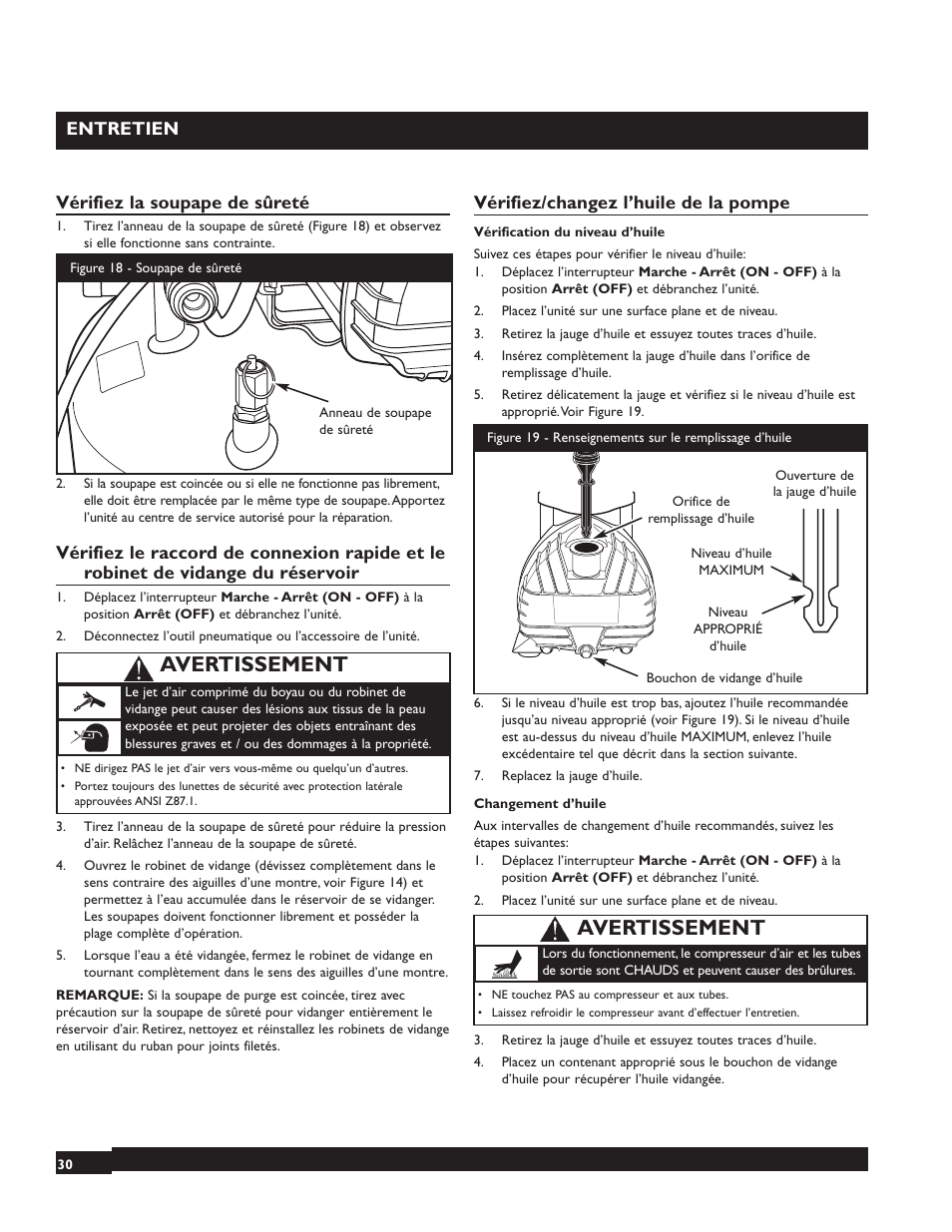 Avertissement, Entretien, Vérifiez la soupape de sûreté | Vérifiez/changez l’huile de la pompe | Briggs & Stratton 074000 User Manual | Page 30 / 56